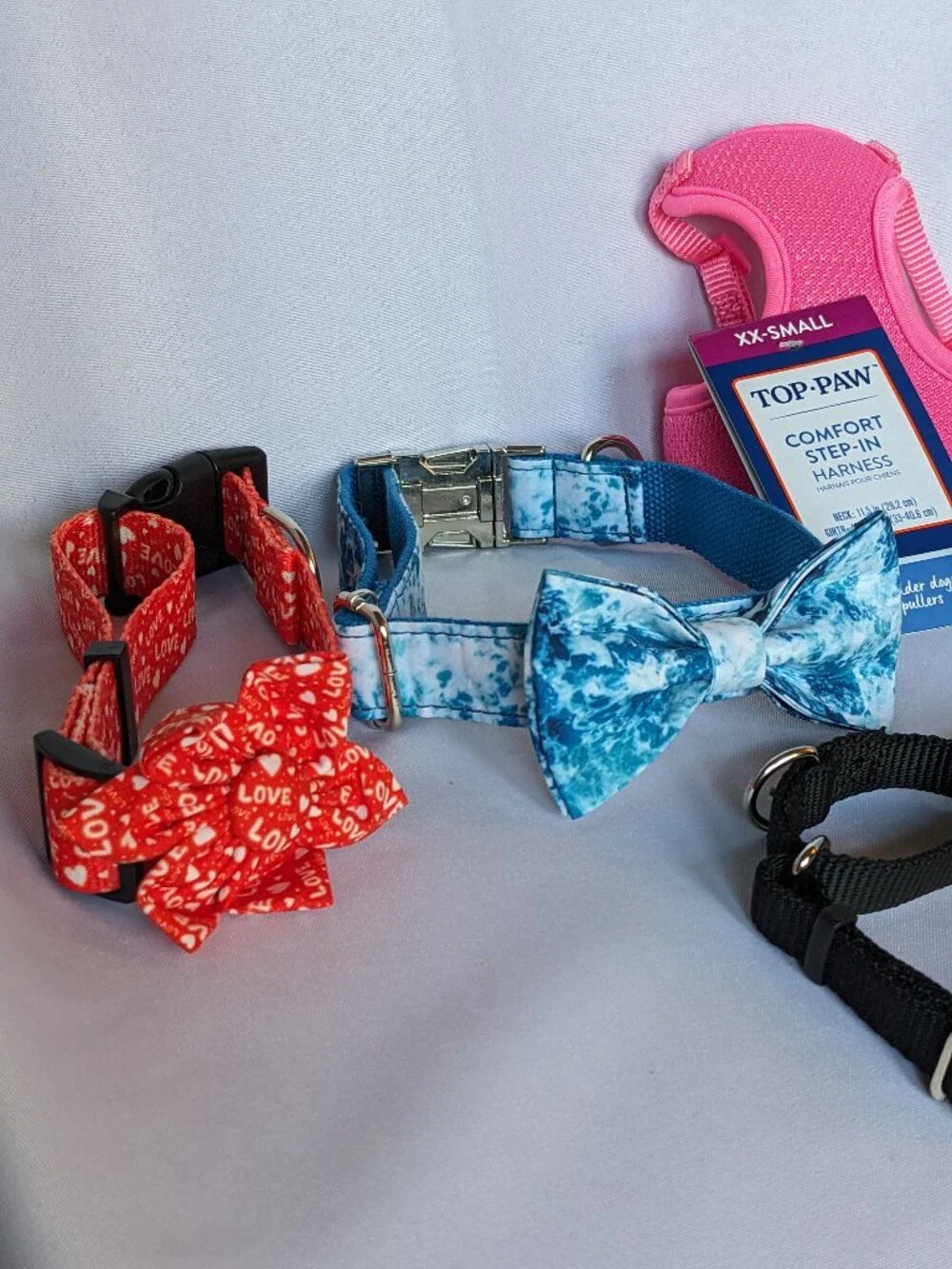 Dog Collars (Various Sizes) & Harness Bundle Lot Valentine Bow Tie